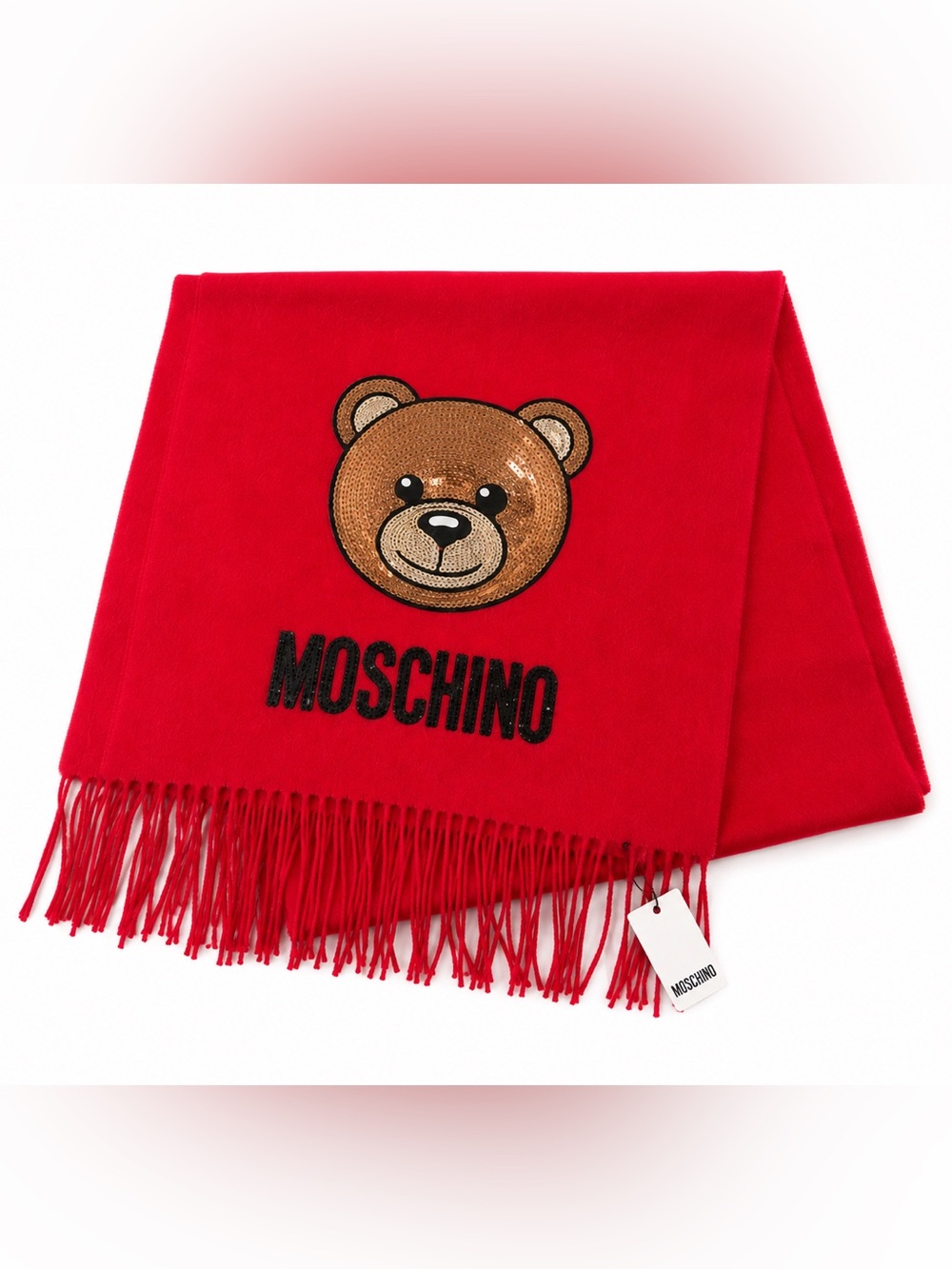 Moschino Red Teddy Logo Fringe Scarf